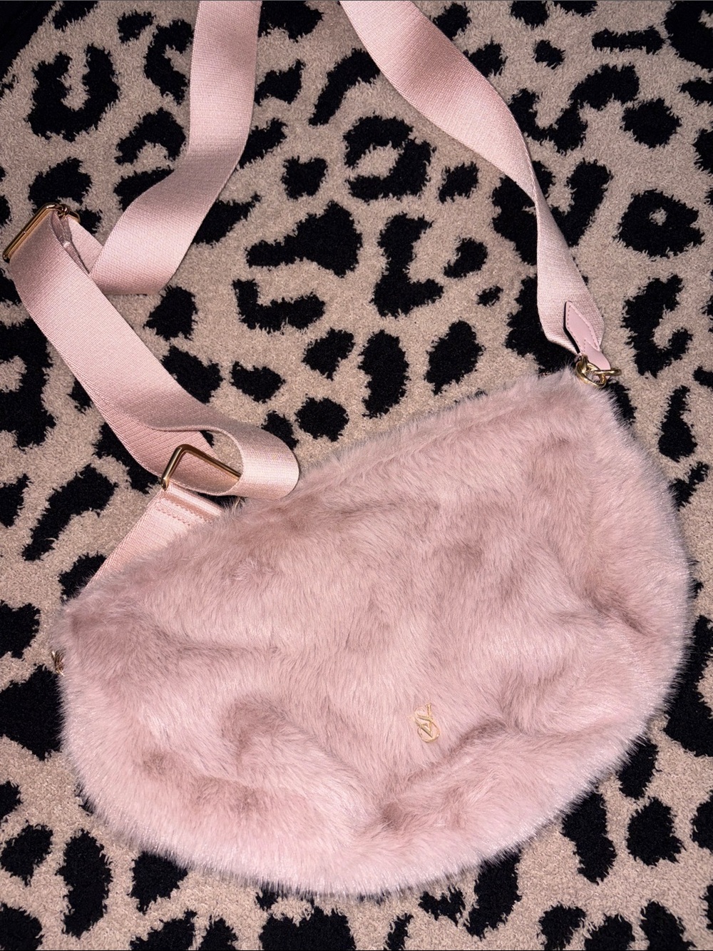 Victoria's Secret Blush Pink Faux Fur Crossbody Bag with Wide Strap
